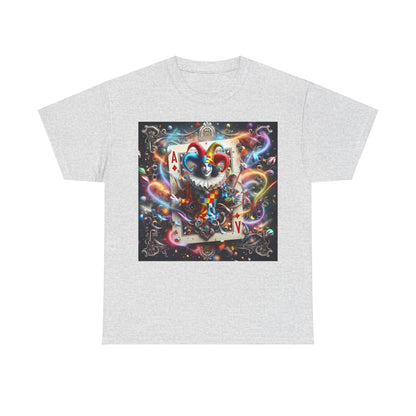 Harlequin Playing Card Graphic Tee for Unisex in grey, featuring a luxurious design of a colourful harlequin character, combining fun and fashion effortlessly for the modern lifestyle.