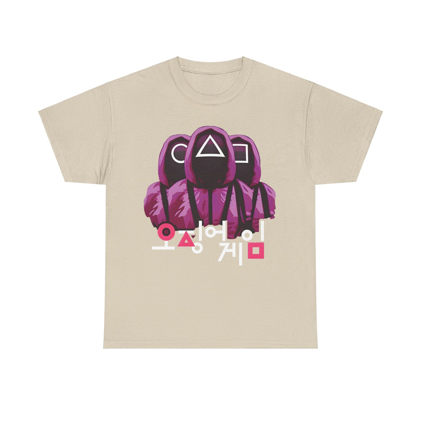 Elegant Squid Game Unisex Men’s Women’s Graphic T-Shirt Tee in a soft beige hue, showcasing captivating purple hooded figures and intricate white and pink Korean characters, ideal for fashion-forward enthusiasts.