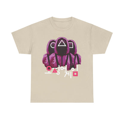 Elegant Squid Game Unisex Men’s Women’s Graphic T-Shirt Tee in a soft beige hue, showcasing captivating purple hooded figures and intricate white and pink Korean characters, ideal for fashion-forward enthusiasts.
