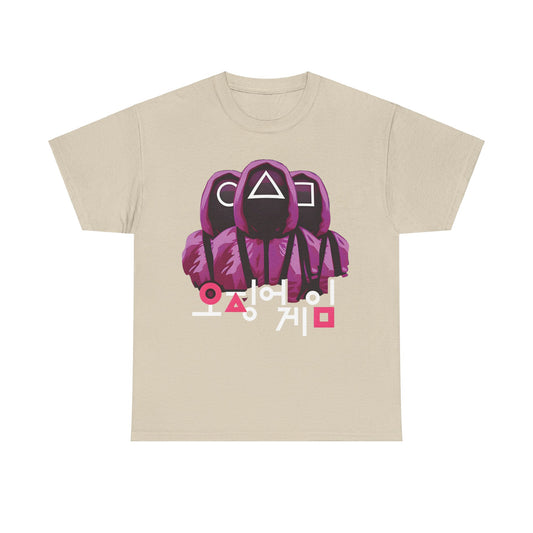 Elegant Squid Game Unisex Men’s Women’s Graphic T-Shirt Tee in a soft beige hue, showcasing captivating purple hooded figures and intricate white and pink Korean characters, ideal for fashion-forward enthusiasts.