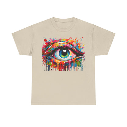 Visionary Drip Graffiti Graphic Unisex T Shirt Tee featuring a striking artistic eye design with vibrant colors and drips, embodying creativity and artistic expression.