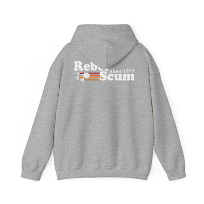 Refined grey Rebel Scum Back Print Hoodie, displaying a sophisticated retro graphic design with 'Rebel Scum since 1977' in striking colours.