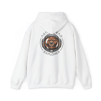 Elegant white hoodie featuring a whimsical brown bear astronaut graphic on the back, framed in a sleek circular design labelled 'ASTRO BEAR EXPLORER' - perfect for stylish adventurers and cosmic enthusiasts.