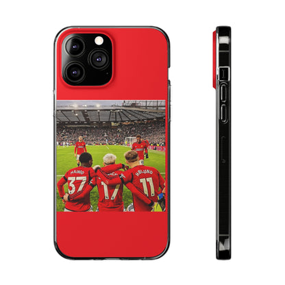 Manchester United Mainoo Garnach Hojlund Soft Phone Case featuring a vibrant design of soccer players celebrating, perfect for a passionate fan's stylish accessory.