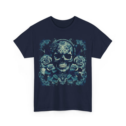 Close-up front view of the Skulls and Roses Cotton Tee displaying the detailed skull and roses design, embodying a luxury edgy style for modern fashion lovers.