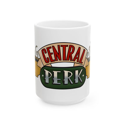 A delightful view of the Central Perk Friends Retro Image Ceramic Mug filled with steaming coffee, perfect for Friends marathon moments and all your caffeine needs!