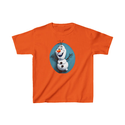 Kids Cute Frozen Olaf T-shirt in bold orange, showcasing the delightful Olaf from Frozen, made from premium heavy cotton for enhanced durability and style.