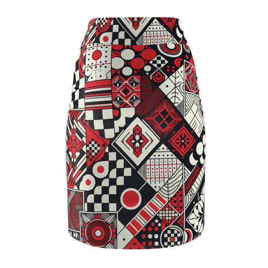 Close-up of the stunning checkerboard and organic print on the Modern Harmony Red Pencil Skirt, highlighting its rich texture and high-quality fabric.