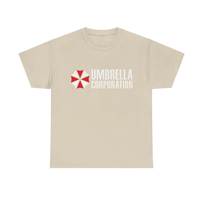 Elegant Umbrella Corporation Graphic Unisex Tee Shirt in a soft beige shade showcasing the striking red and white logo, ideal for stylish fandom expression.