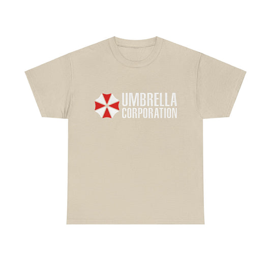 Elegant Umbrella Corporation Graphic Unisex Tee Shirt in a soft beige shade showcasing the striking red and white logo, ideal for stylish fandom expression.