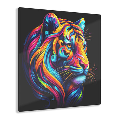 Close-Up Tiger's Head Acrylic Print showcasing vibrant colours in a luxurious design, featuring a stylized tiger against a rich black backdrop, perfect for sophisticated home decor.
