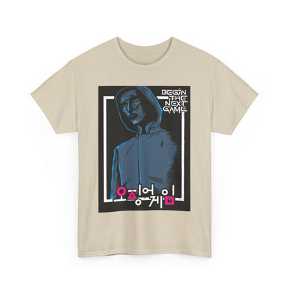 Squid Game Unisex Men's Women's Graphic Cotton Funny T-Shirt Tee, highlighting a captivating print of a hooded figure with Korean text, perfect for making a bold fashion statement.
