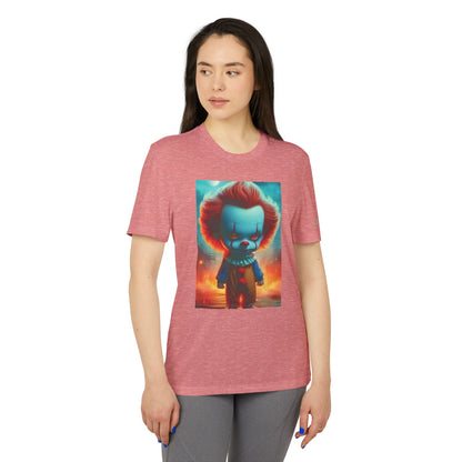 Model showcasing the sophisticated Adidas Unisex Halloween Pennywise Cute T-shirt in heather pink, featuring a playful Pennywise graphic, ideal for Halloween elegance.