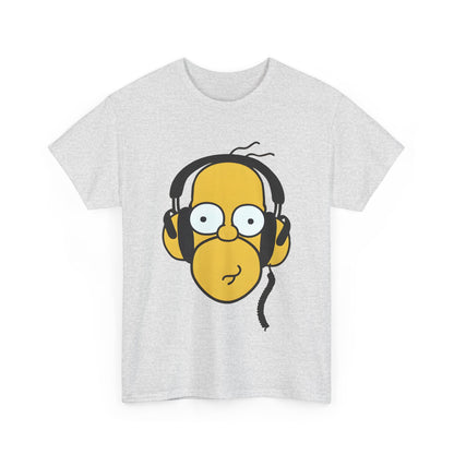 Front view of the unisex cotton tee with a vibrant Homer Simpson wearing headphones graphic, part of the 'Hear the Hilarity Homer Simpson Headphones Tee' collection.