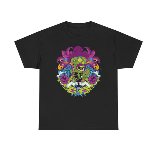 Elegant black t-shirt showcasing a striking skeleton graphic in a purple sombrero, entwined with whimsical octopus tentacles, koi fish, and refined rose accents, perfect for making a bold artistic statement.