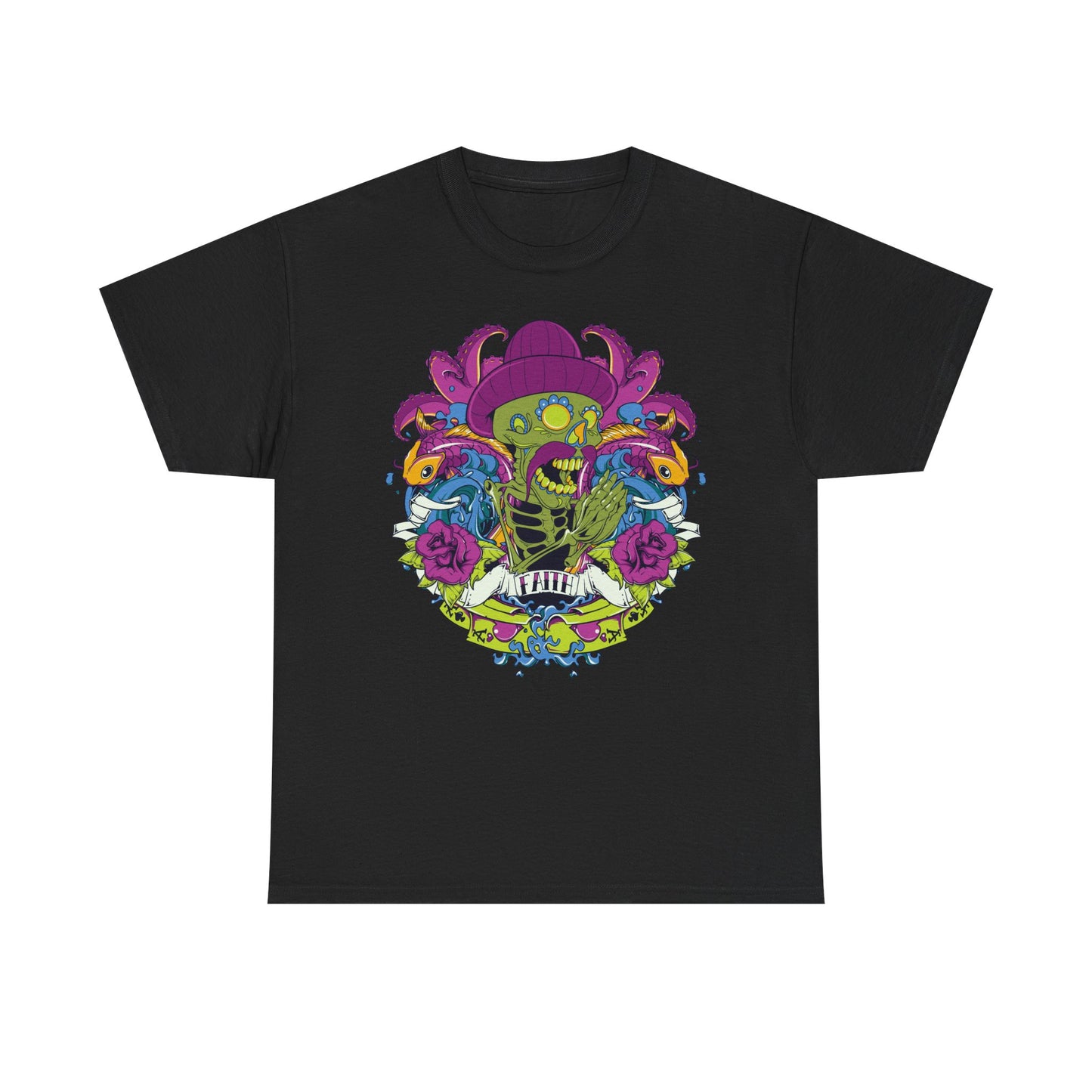 Elegant black t-shirt adorned with a striking skeleton graphic surrounded by playful octopus and koi fish elements, exuding a bold artistic flair.