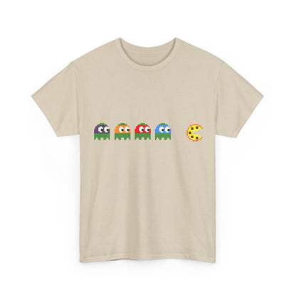 Artistic front view of the Teenage Mutant Ninja Turtles Pizza Pacman Graphic Unisex Tee Shirt showcasing pixelated ghost characters in playful hues against a soft beige backdrop.