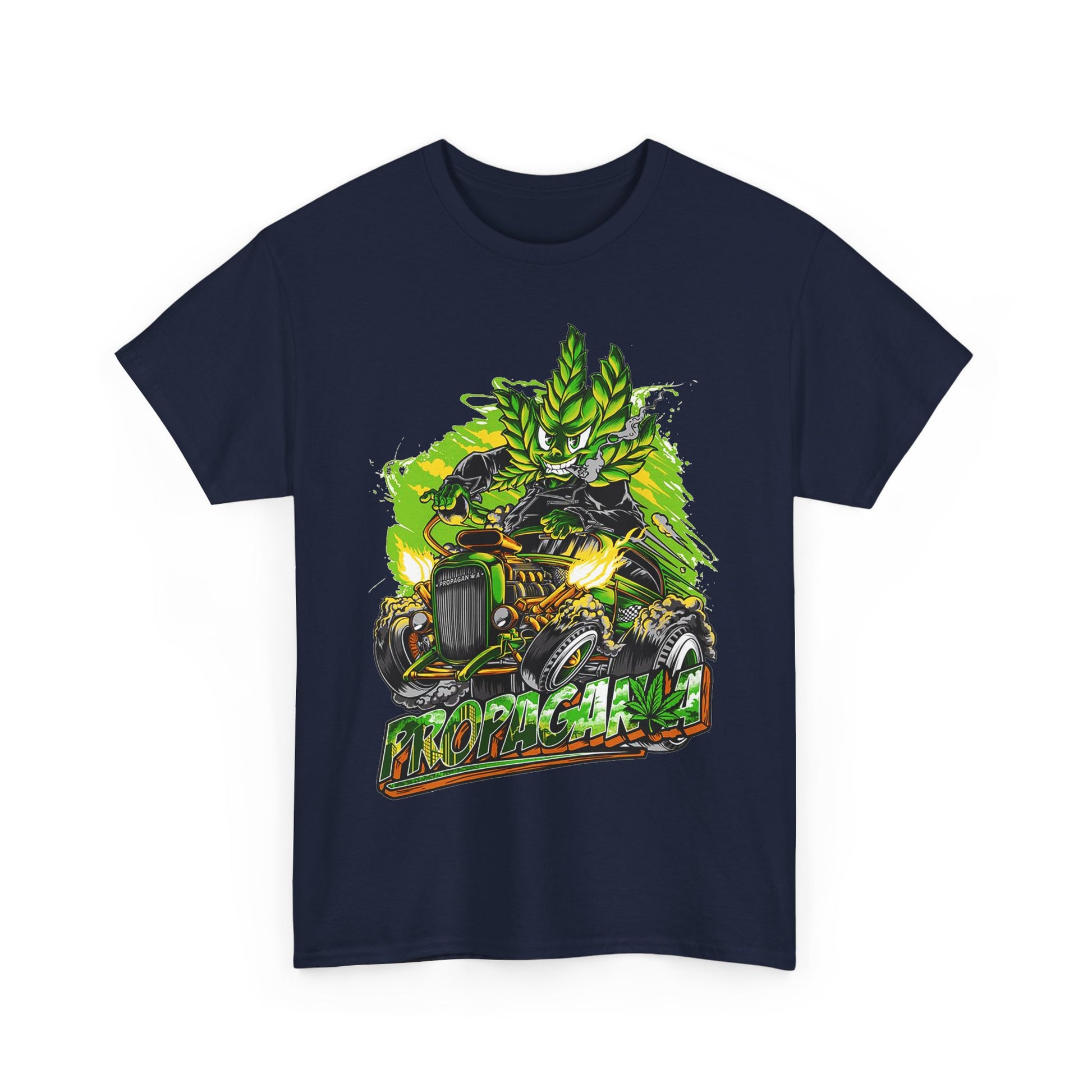 Exclusive navy blue men's t-shirt featuring a vibrant graphic of a cannabis-themed character riding a hot rod, blending automotive style with artistic flair.