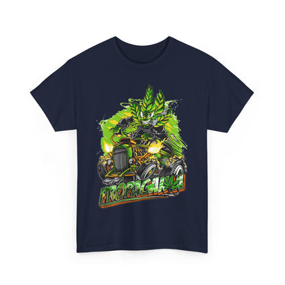 Exclusive navy blue men's t-shirt featuring a vibrant graphic of a cannabis-themed character riding a hot rod, blending automotive style with artistic flair.