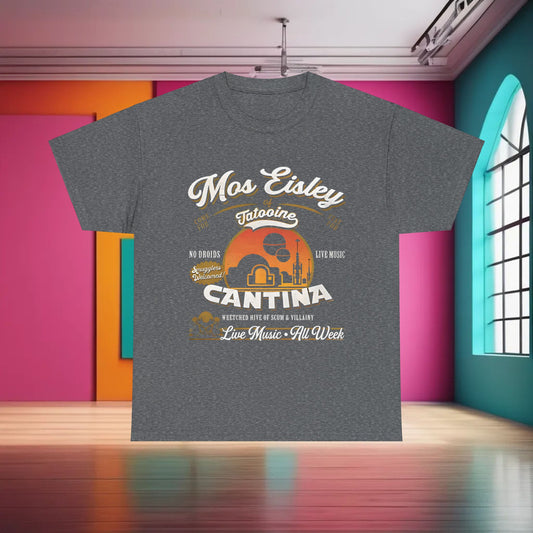 Star Wars Mos Eisley Cantina Graphic T-Shirt in grey, crafted from premium cotton, featuring an eye-catching design that pays tribute to the beloved cantina.