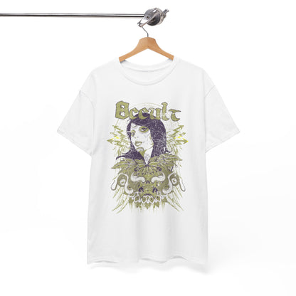 Chic white men's graphic t-shirt elegantly hanging, displaying a detailed Day of the Dead skull art embellished with snakes and whimsical motifs.