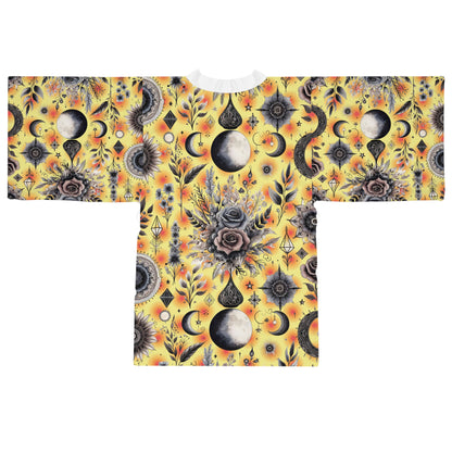 Floral Kimono Robe, Women's Robe, Designer Lounge Wear - Stunning floral kimono design with a vibrant yellow background, perfect for luxurious lounging.