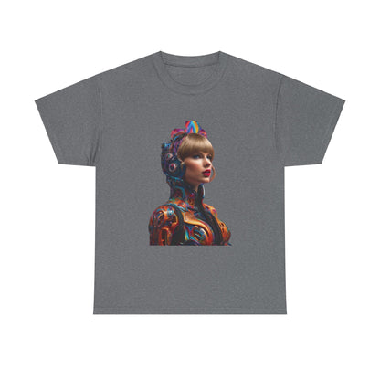 Stylish Swifties psychedelic Taylor Swift Heavy Cotton Tee in heather grey displaying a vivid, psychedelic image of Taylor Swift.