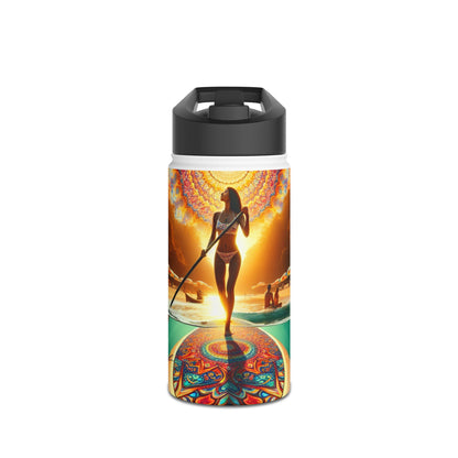 Fantasy Paddleboarding Stainless Steel Water Bottle featuring a vibrant sunset design with a woman paddleboarding elegantly, reflecting adventure and style.
