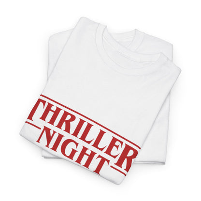 Folded white 'THRILLER NIGHT' t-shirts from Stranger Things, showcasing sophisticated red typography, an essential addition to any luxury wardrobe.