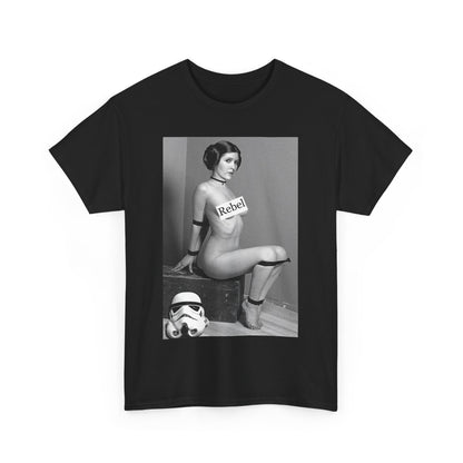 Star Wars Princess Leia Funny Men's Women's Graphic T-Shirt Unisex Cotton featuring a vintage-inspired black and white portrait of Princess Leia with the word 'Rebel', perfect for fans of empowerment and sci-fi culture.