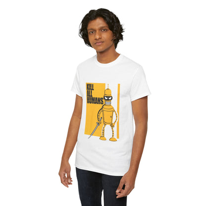 Elegant unisex t-shirt displaying the iconic Futurama character Bender poised with a sword, adorned with the edgy phrase 'KILL ALL HUMANS' in a standout graphic design, ideal for fashionable statement pieces.