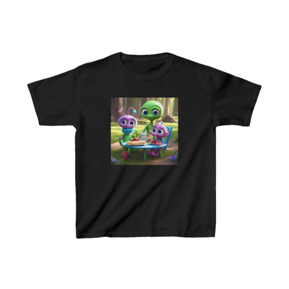 Kids Cute Aliens Heavy Cotton T-Shirt featuring whimsical alien characters, ideal for imaginative young explorers. Available in a luxurious black colour.