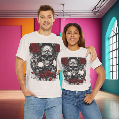 Couple wearing Skulls and Roses Cotton Tee, Unisex Graphic Shirts, showcasing a bold skull design against a vibrant backdrop, ideal for trendy fashion enthusiasts.