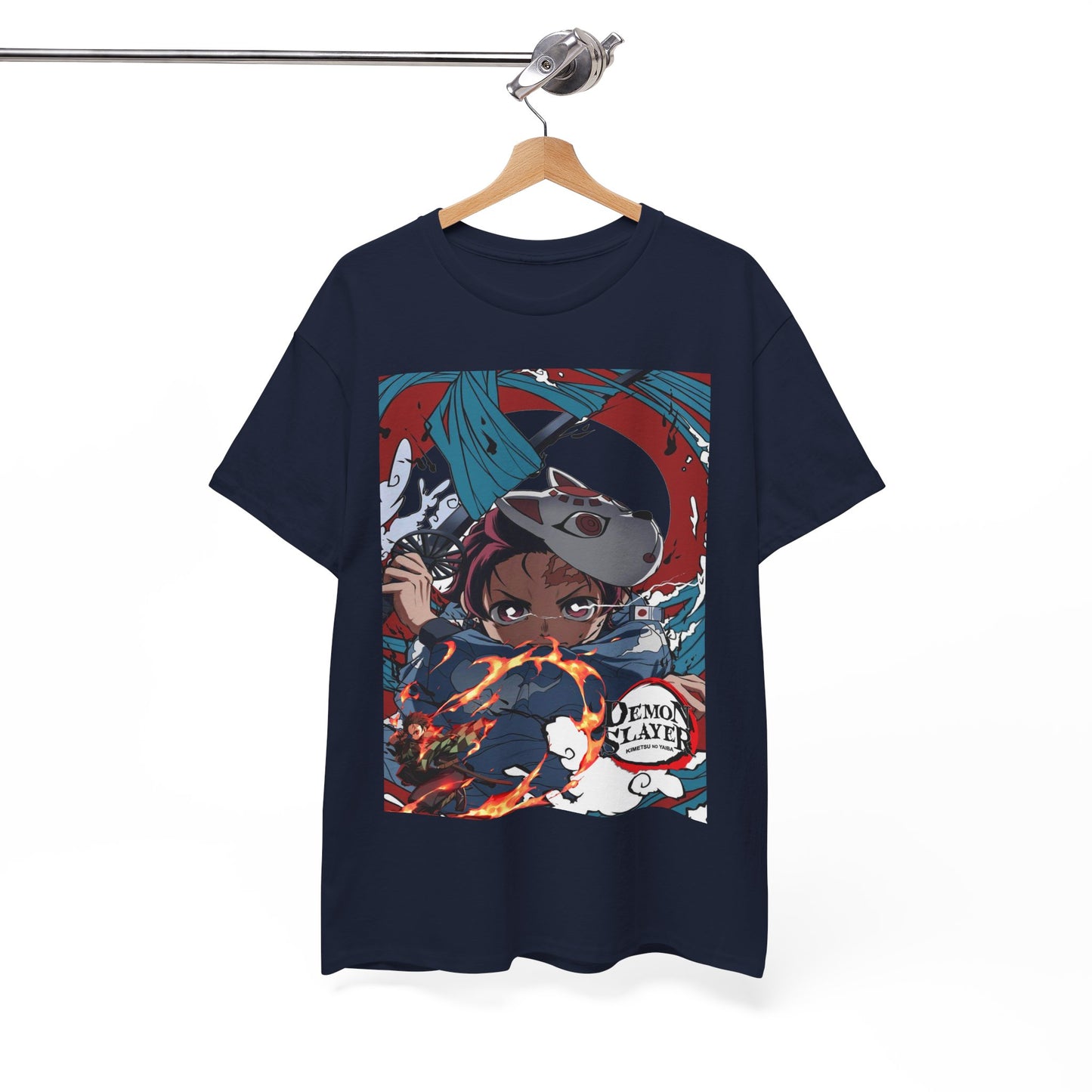 Elegant hanging navy t-shirt showcasing an intricate print of Tanjiro Kamado from Demon Slayer, surrounded by fiery elements, ideal for trendy anime apparel.