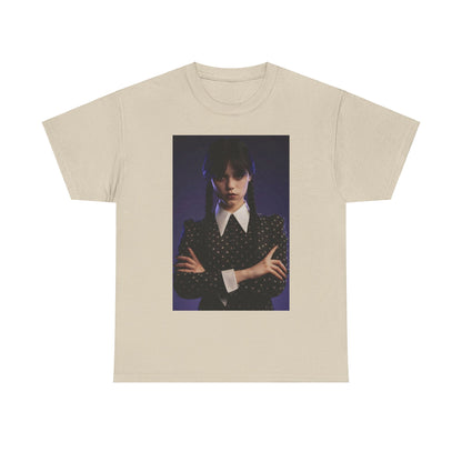 Elevate your style with the 'Wednesday: Embrace the Dark Elegance!' unisex graphic tee, showcasing an enigmatic figure in gothic attire against a mysterious backdrop.