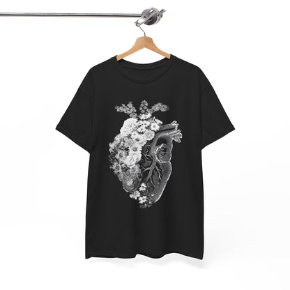 Luxurious black graphic T-shirt featuring an intricate floral heart design, showcasing a blend of vintage anatomical art and delicate flowers.