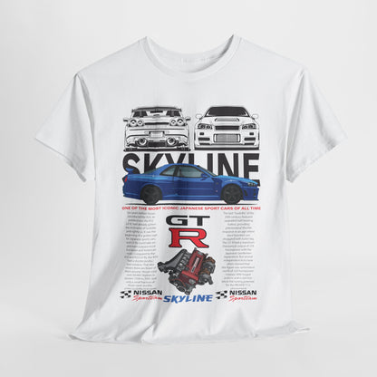 Luxury men's T-shirt featuring iconic Nissan Skyline GT-R artwork, showcasing a captivating blue GT-R model alongside stylish rear and front views, complemented by technical specifications showcasing its legendary performance, all set against a crisp white background.