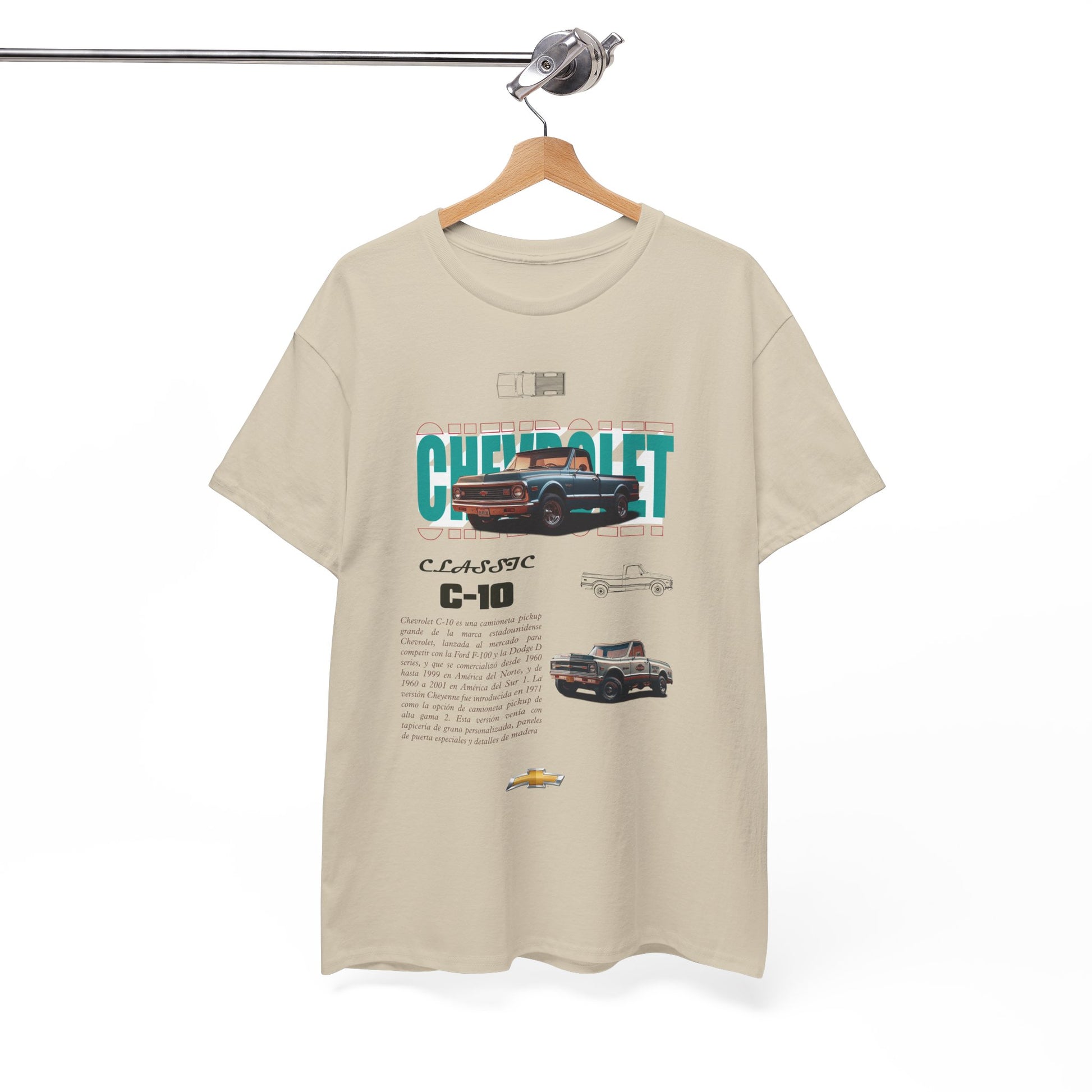 Elegant Chevrolet C-10 t-shirt displayed on a wooden hanger, featuring a vintage pickup graphic for a stylish look.