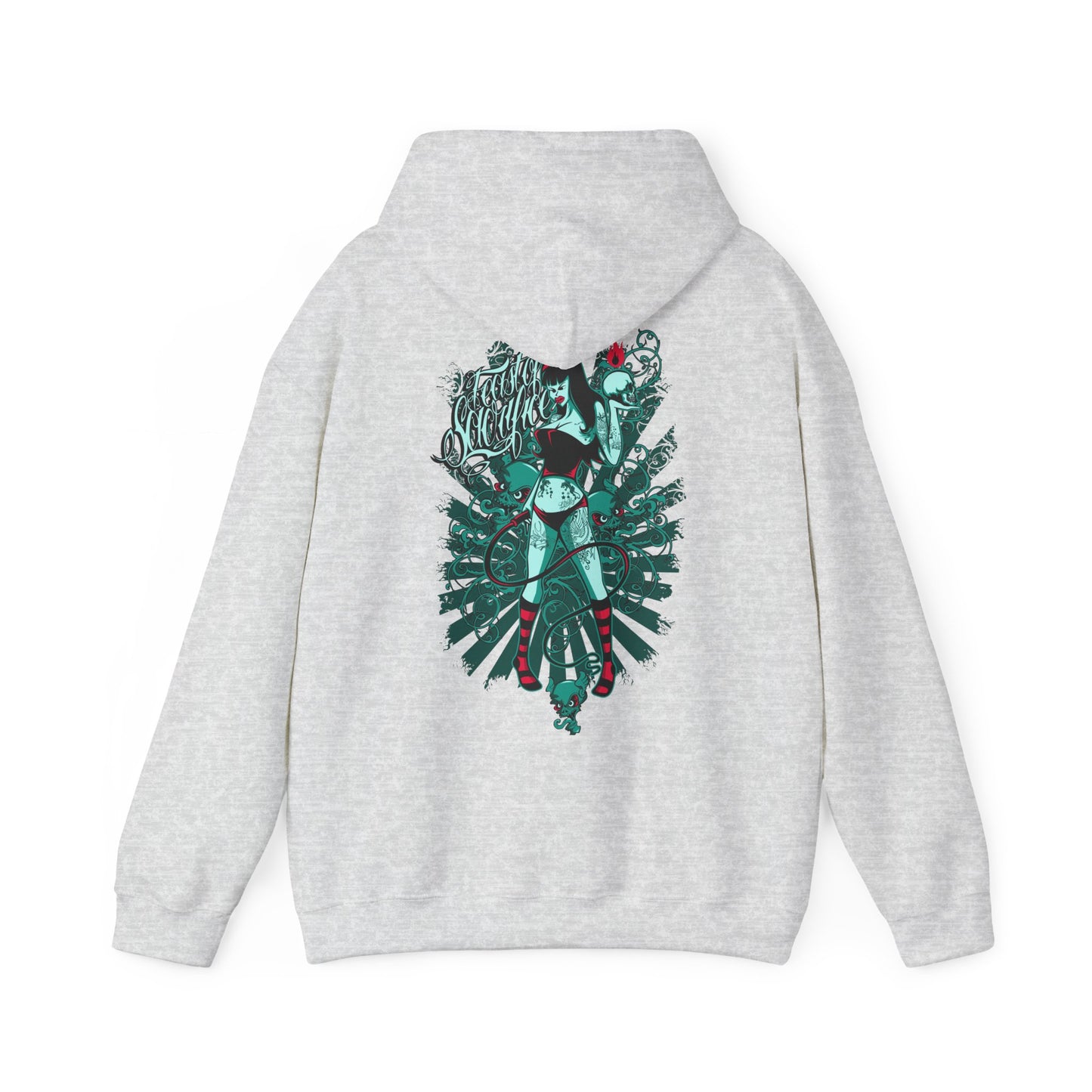 Elegant grey hoodie showcasing a captivating back illustration of a confident woman alongside a dazzling green snake, accented with artistic blue and red elements for a unique style.