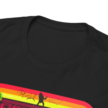 Close-up detail of the neckline of a luxurious black 'Stranger Things' t-shirt, highlighting its superior craftsmanship and unique graphic design.