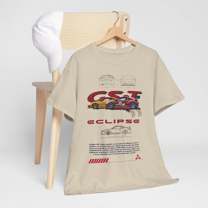 Chic Mitsubishi Eclipse GST t-shirt artistically styled on a wooden chair, complemented by a fashionable cap, ideal for casual outings and showcasing automotive passion.