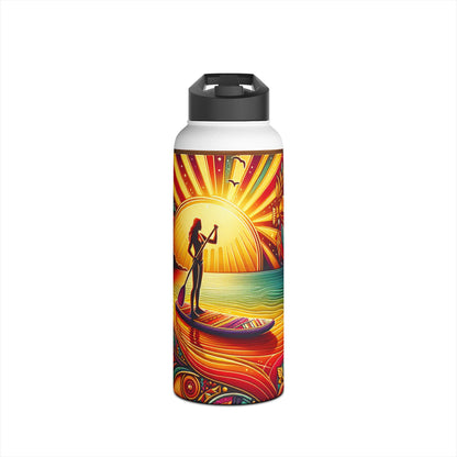 Fantasy Paddleboarding Stainless Steel Water Bottle with vibrant sunset design, showcasing a paddleboarder silhouetted against a colourful sky. Perfect for luxury hydration during outdoor adventures.