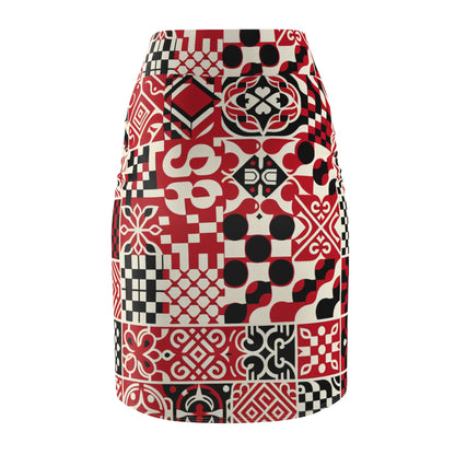 Vibrant Red Checkerboard Pencil Skirt by Dazzling Dreams Studio featuring a bold checkerboard pattern and a flattering silhouette for contemporary elegance.
