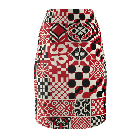 Vibrant Red Checkerboard Pencil Skirt - Contemporary Organic Design for Effortless Elegance displayed on a mannequin against a neutral background.