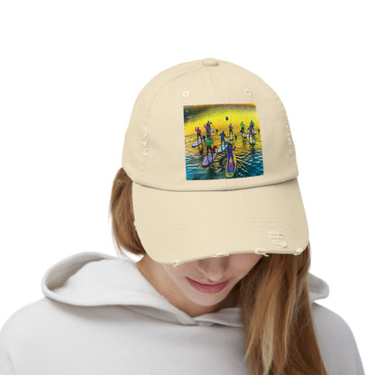 Front view of a beige Unisex Distressed Paddleboarders Cap featuring a stunning paddleboarding scene, perfect for luxury beach and river experiences.
