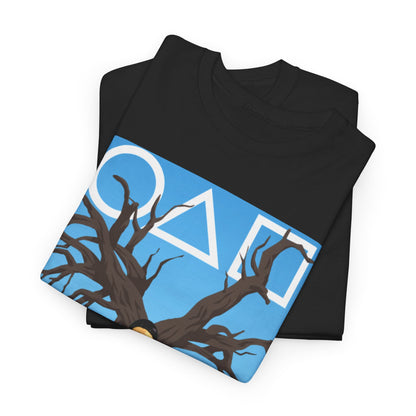 Luxurious black cotton t-shirt featuring a striking Squid Game-inspired graphic design with abstract shapes and a dark tree silhouette, ideal for stylish urban wear.