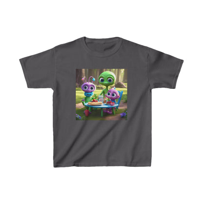 Kids Cute Aliens Heavy Cotton T-Shirt featuring vibrant alien characters enjoying a picnic outdoors, perfect for young adventurers seeking comfort and style.