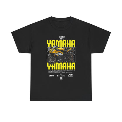 Elegant black Yamaha YZF-R6 t-shirt showcasing a vibrant graphic of the renowned motorcycle, highlighted with bold yellow and black accents, perfect for any motorcycle enthusiast.