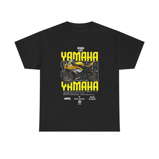 Luxurious black YAMAHA YZF-R6 biker life T-shirt featuring an iconic motorcycle graphic and bold yellow lettering for a stylish statement.