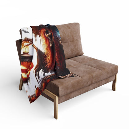 Luxurious Decorative and Warm Halloween Spooky Arctic Fleece Blanket draped over a stylish sofa, showcasing vibrant Halloween design with a skull and lantern.